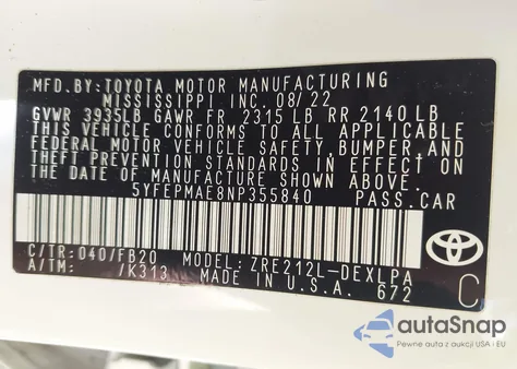 2022 Toyota Corolla Le from USA, damaged, VIN 5YFEPMAE8NP355840